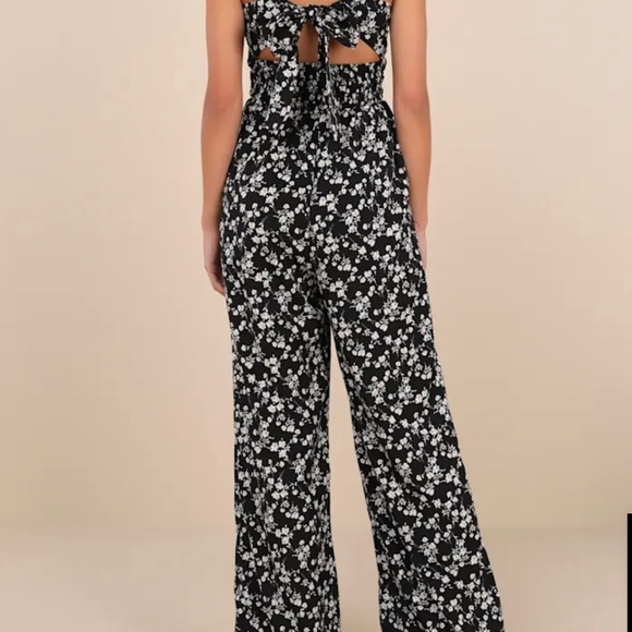 Lulus Darling Upgrade Black Floral Cutout Tie-back Wide-leg Jumpsuit - Size L - Picture 2 of 3